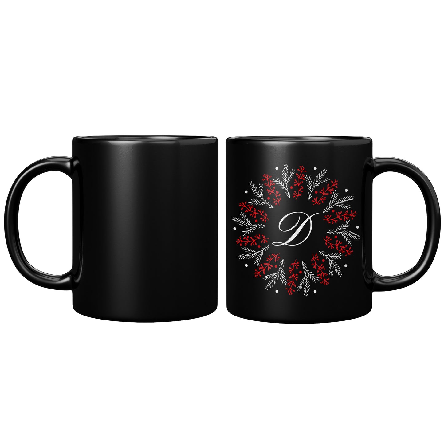 11oz. Black Holiday Wreathed Initial Mug “D”