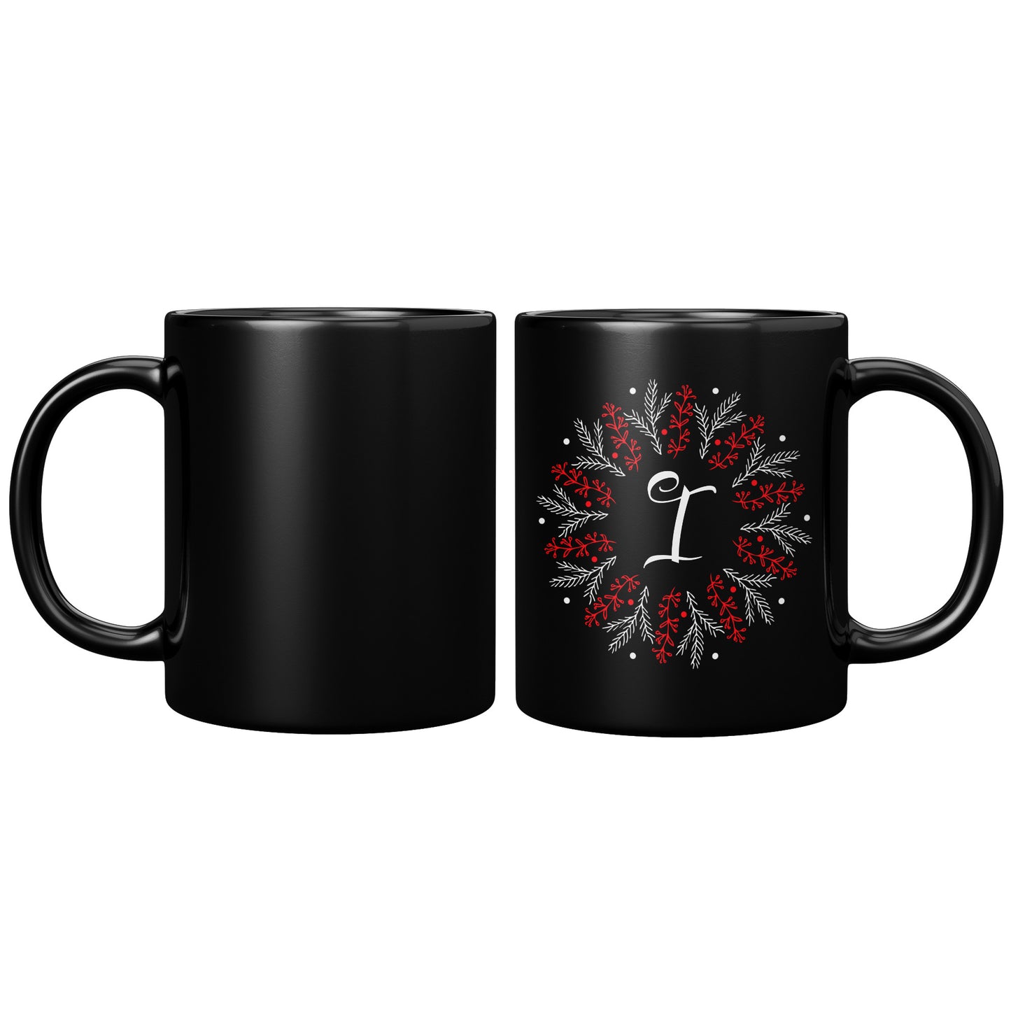 11oz. Black Holiday Wreathed Initial Mug “I”