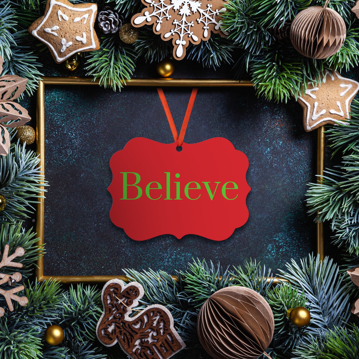 “Believe” Medallion Ornament (Colored Background & Font)