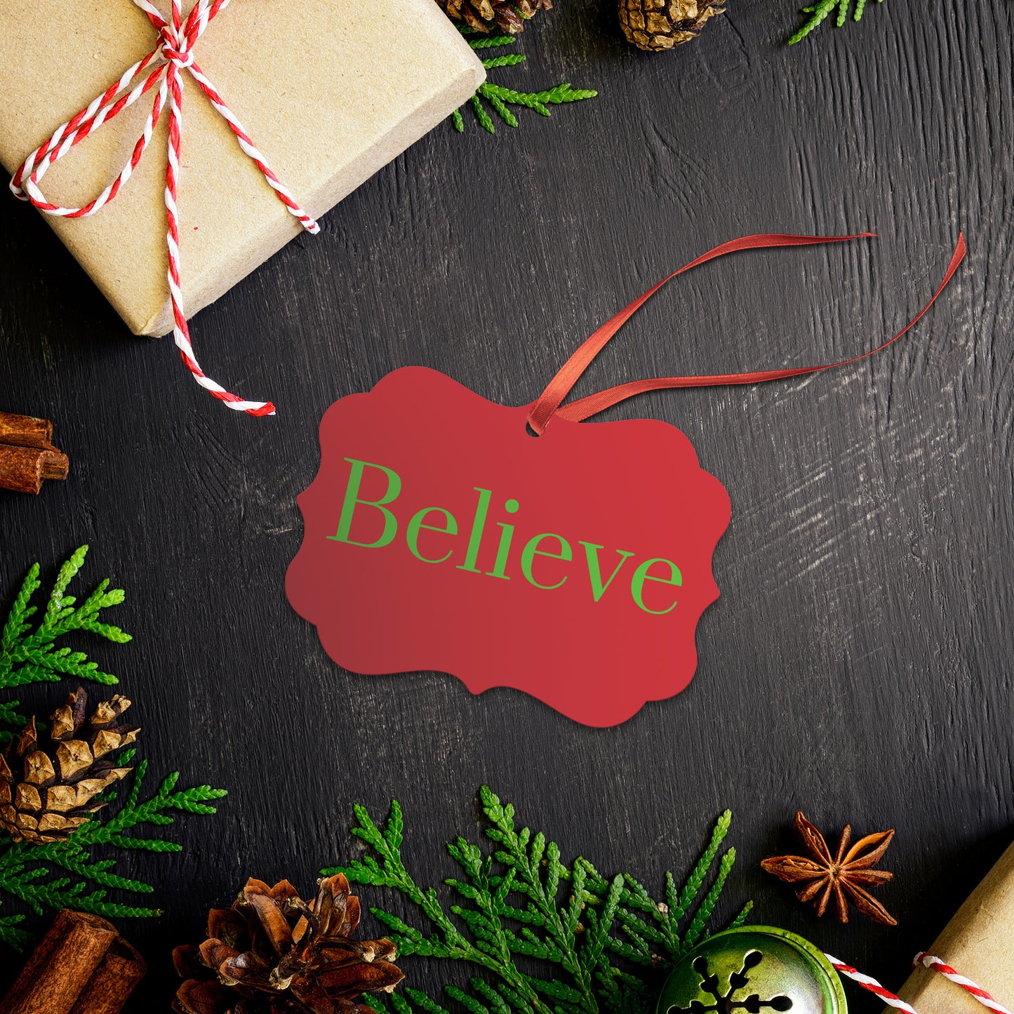“Believe” Medallion Ornament (Colored Background & Font)