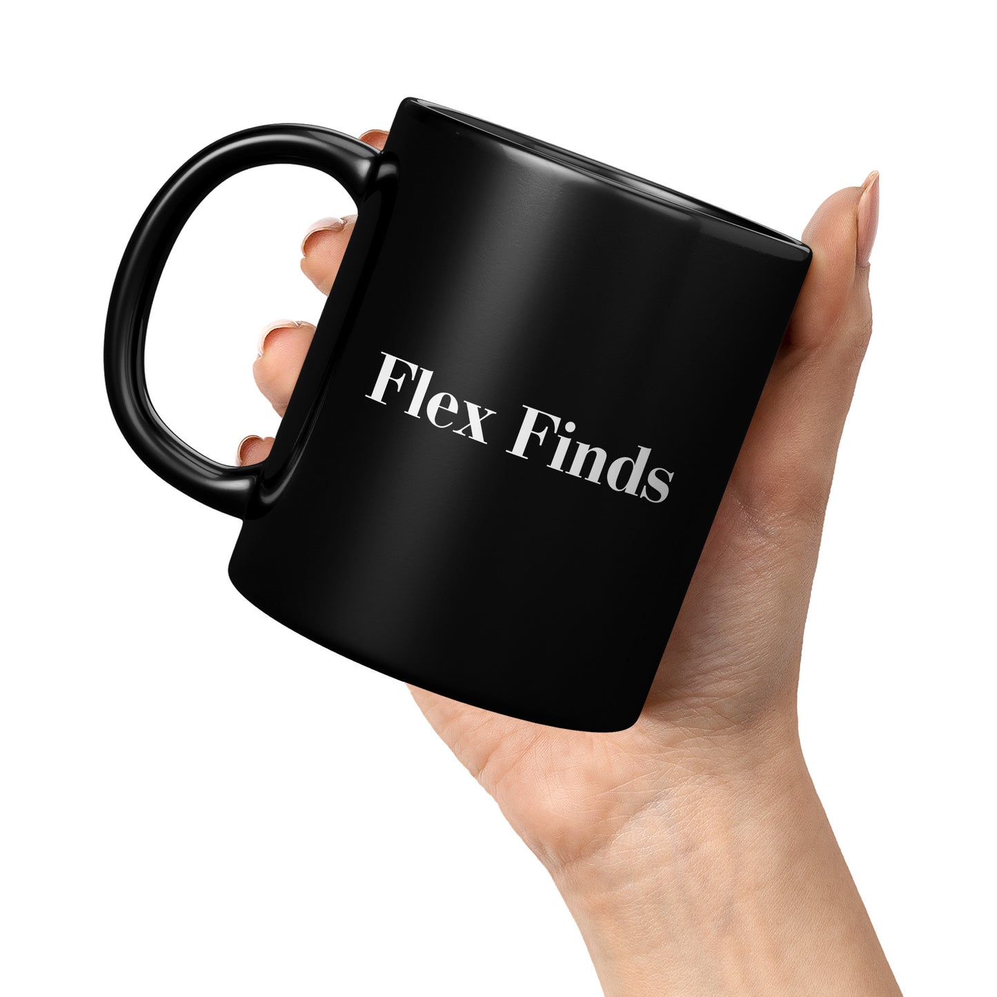 Black “Flex Finds” Logo Mug