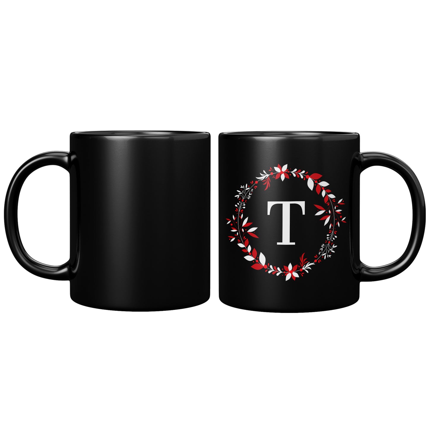 11oz. Black Holiday Wreathed Initial Mug “T”