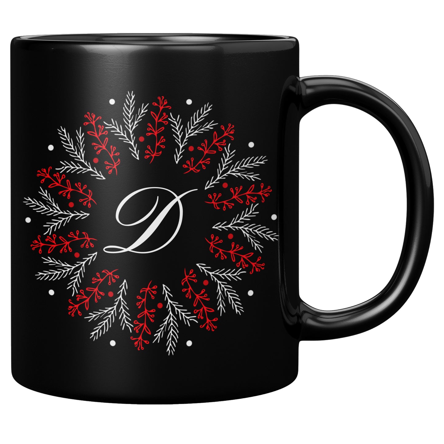 11oz. Black Holiday Wreathed Initial Mug “D”