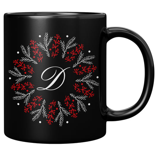 11oz. Black Holiday Wreathed Initial Mug “D”
