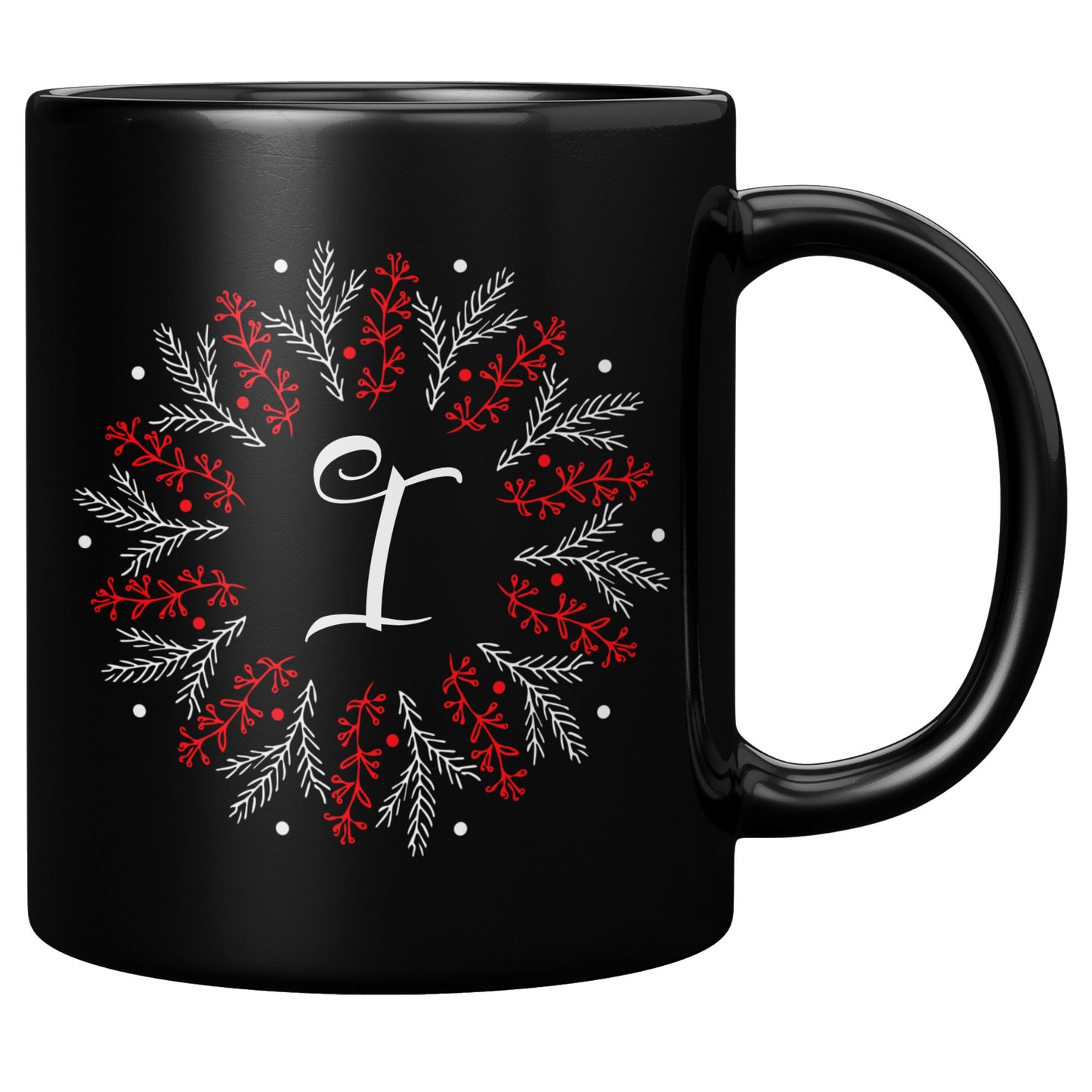 11oz. Black Holiday Wreathed Initial Mug “I”