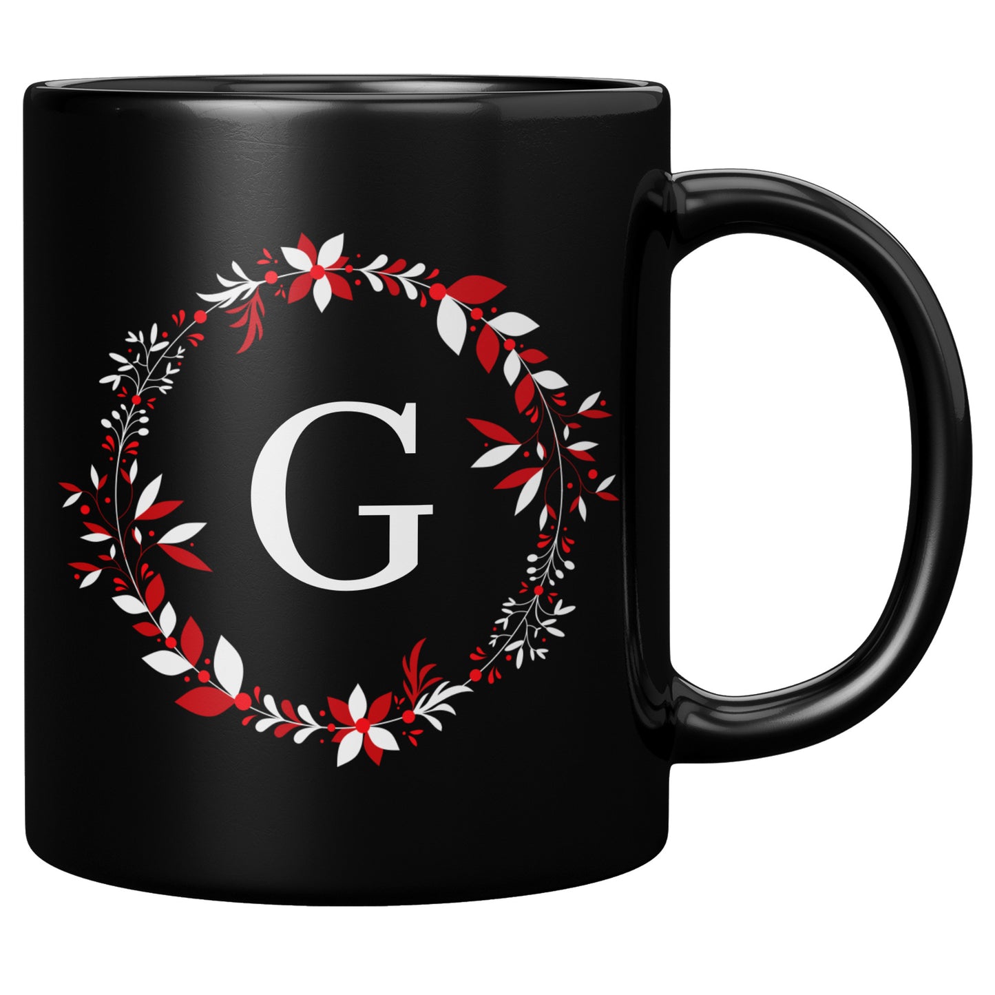11oz. Black Holiday Wreathed Initial Mug “G”
