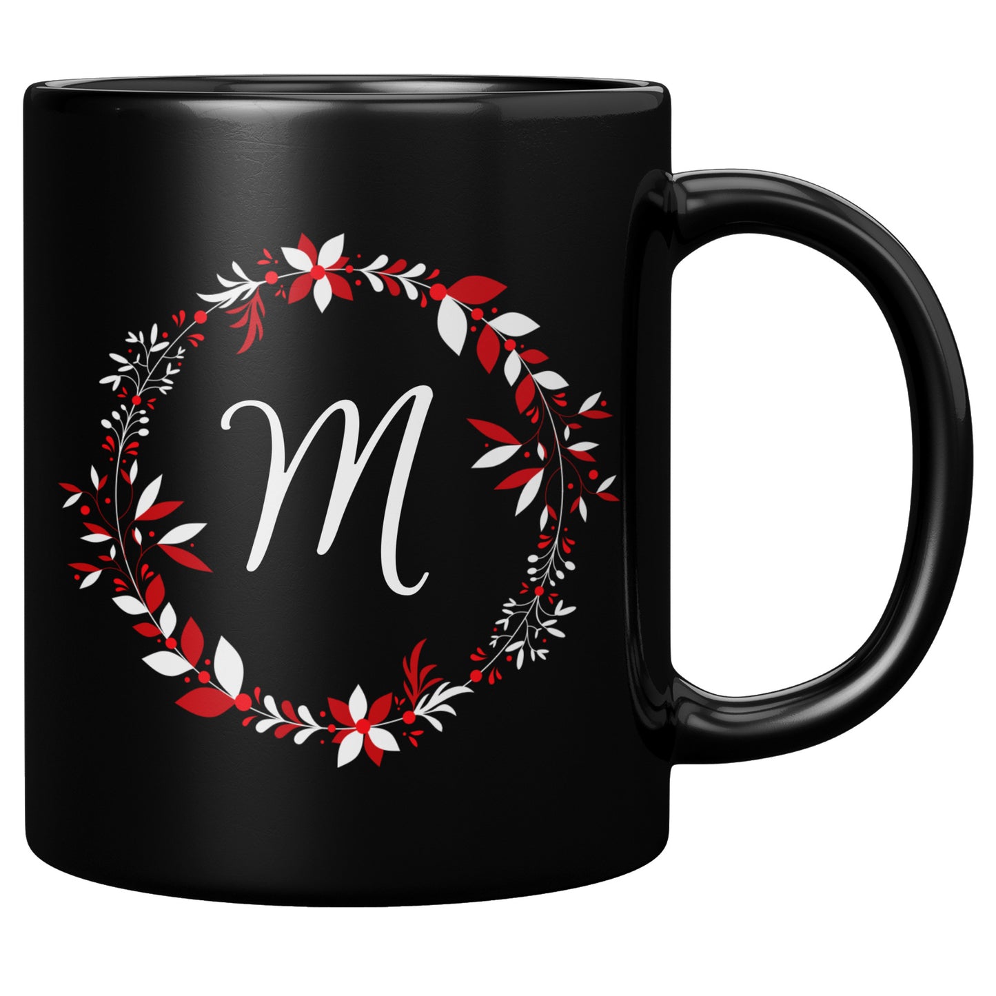 11oz. Black Holiday Wreathed Initial Mug “M”