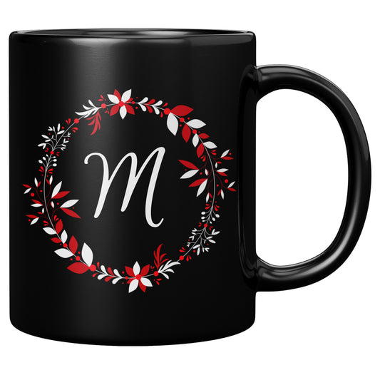 11oz. Black Holiday Wreathed Initial Mug “M”