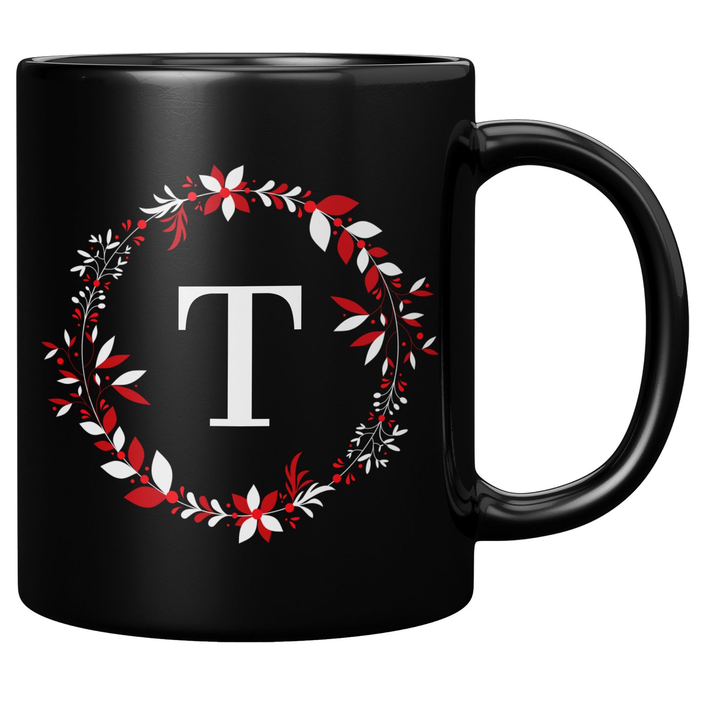 11oz. Black Holiday Wreathed Initial Mug “T”