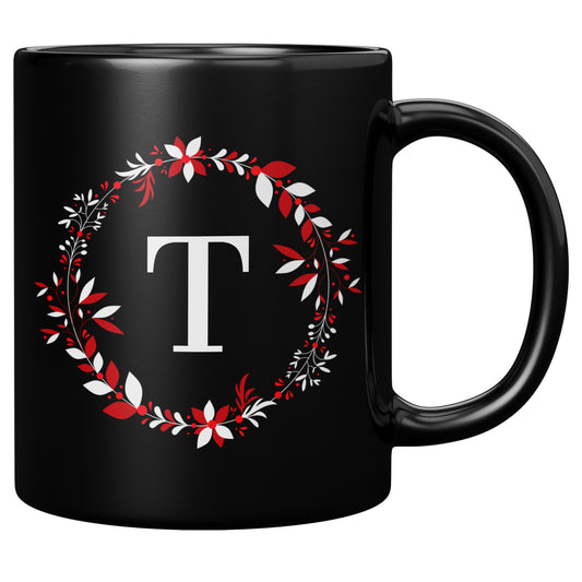 11oz. Black Holiday Wreathed Initial Mug “T”