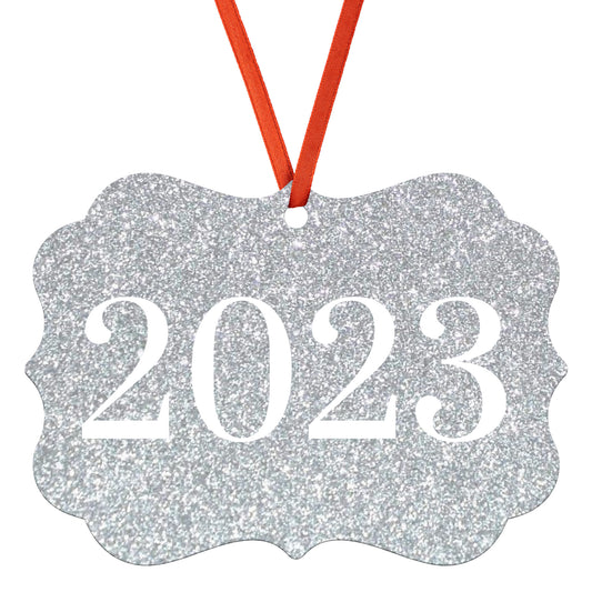“2023” Medallion Ornament (Silver Glitter Background)