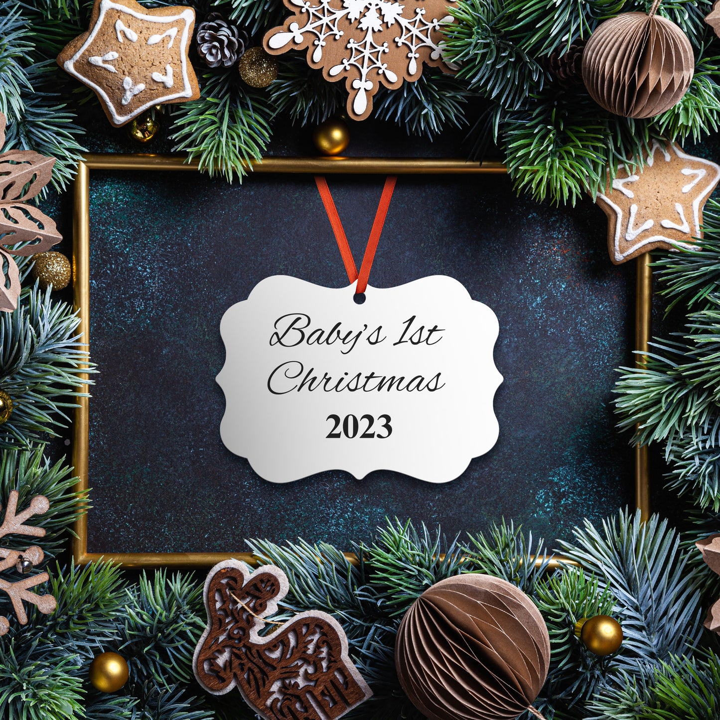 “Baby’s 1st Christmas” Medallion Ornament (White Background w/ Colored Font)