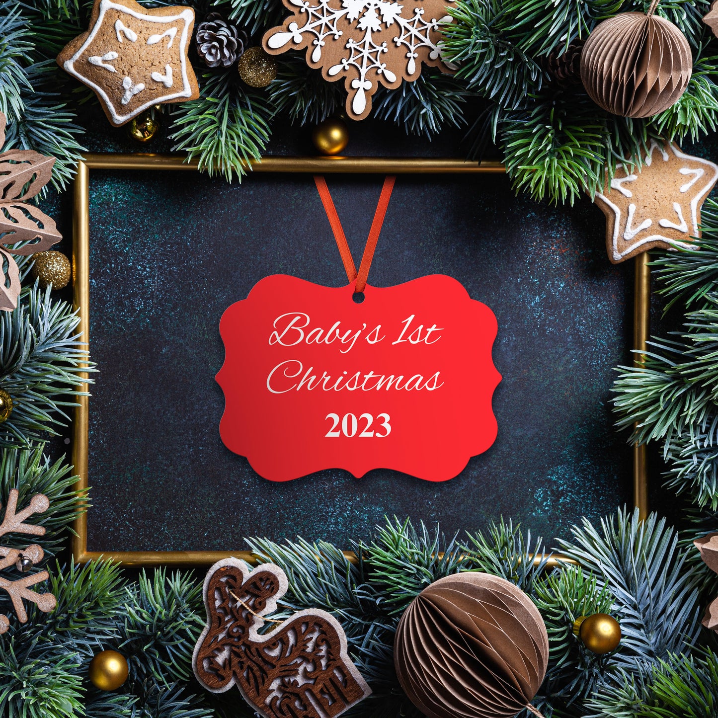 “Baby’s 1st Christmas” Medallion Ornament (Colored Background w/ White Font)