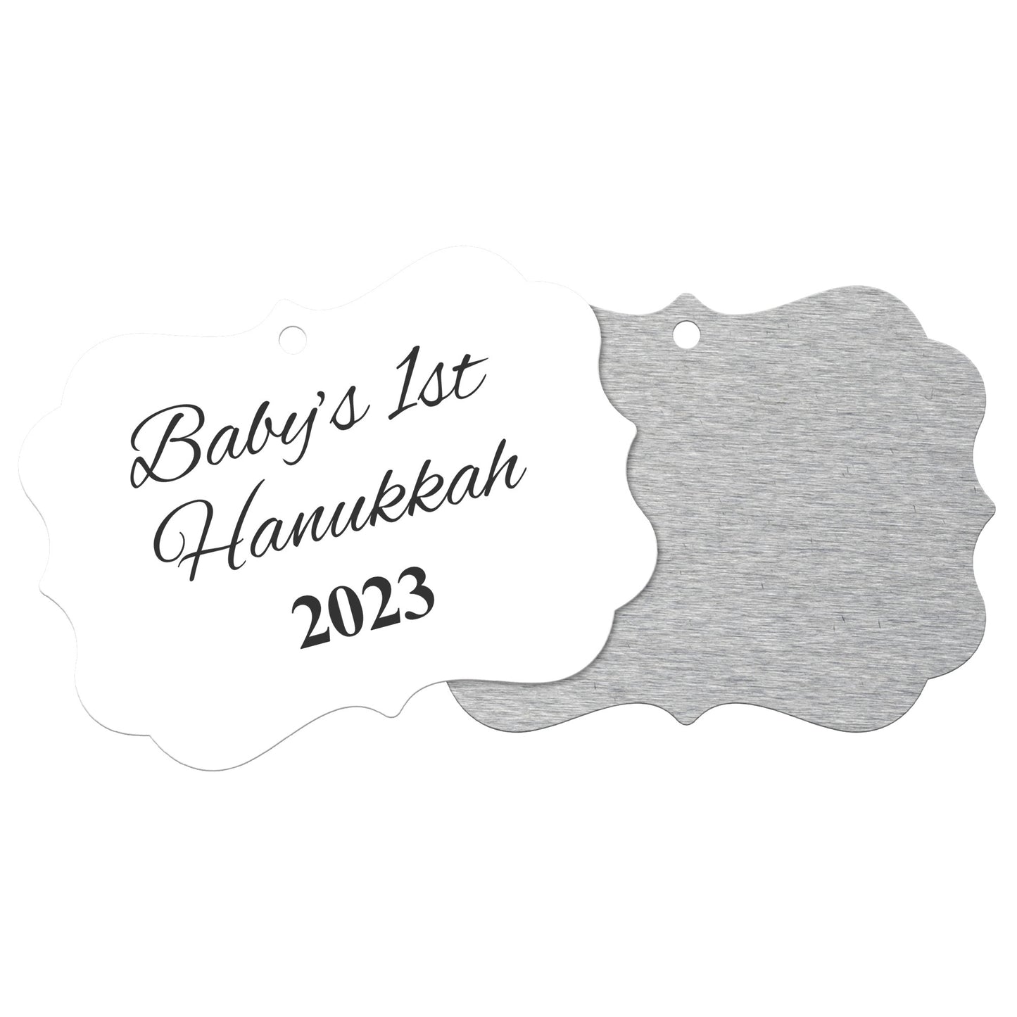 “Baby’s 1st Hanukkah” Medallion Ornament (White Background w/ Colored Font)