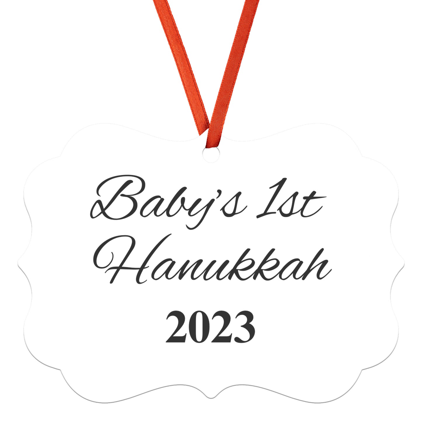 “Baby’s 1st Hanukkah” Medallion Ornament (White Background w/ Colored Font)
