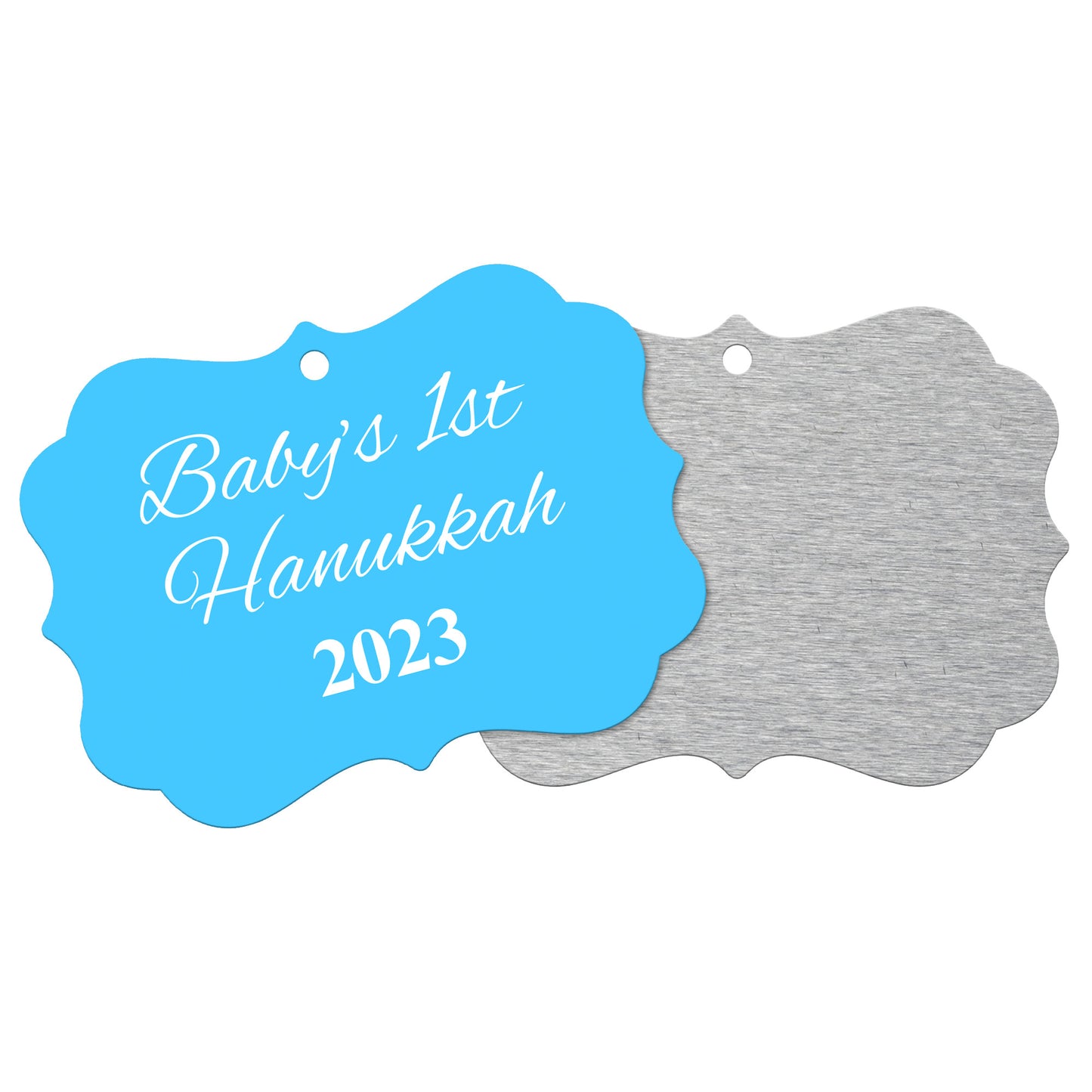 “Baby’s 1st Hanukkah” Medallion Ornament (Colored Background w/ White Font)