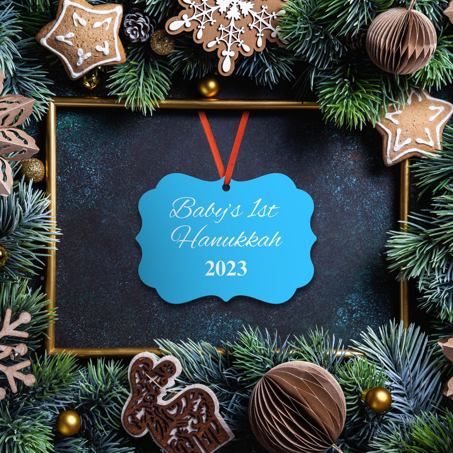 “Baby’s 1st Hanukkah” Medallion Ornament (Colored Background w/ White Font)