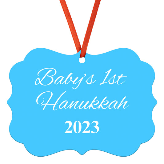 “Baby’s 1st Hanukkah” Medallion Ornament (Colored Background w/ White Font)