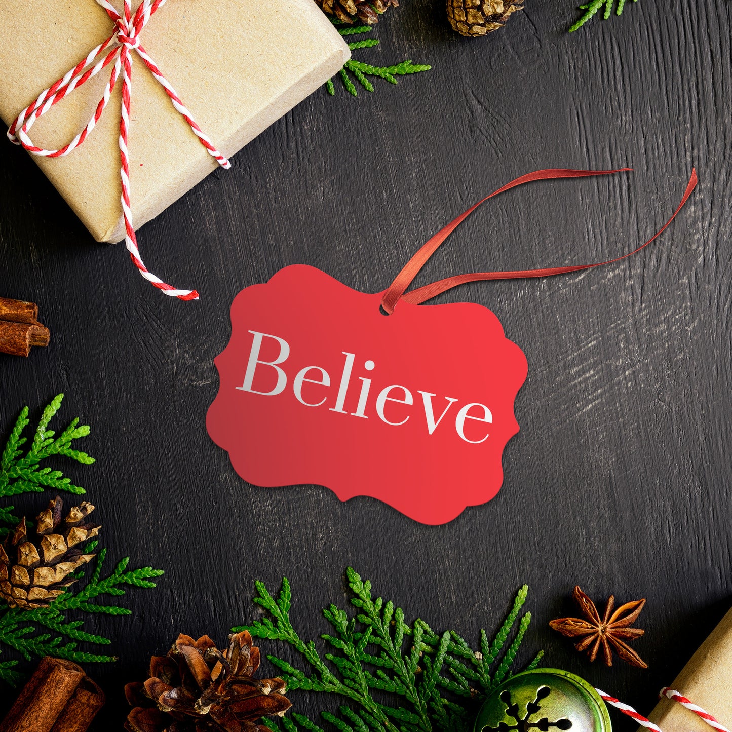“Believe” Medallion Ornament (Colored Background w/ White Font)