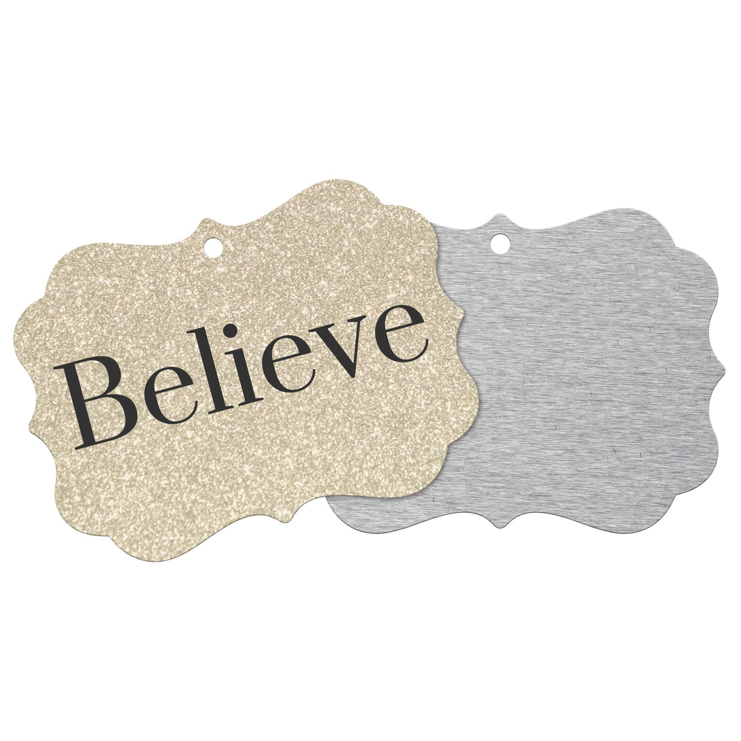“Believe” Medallion Ornament (Gold Glitter Background)