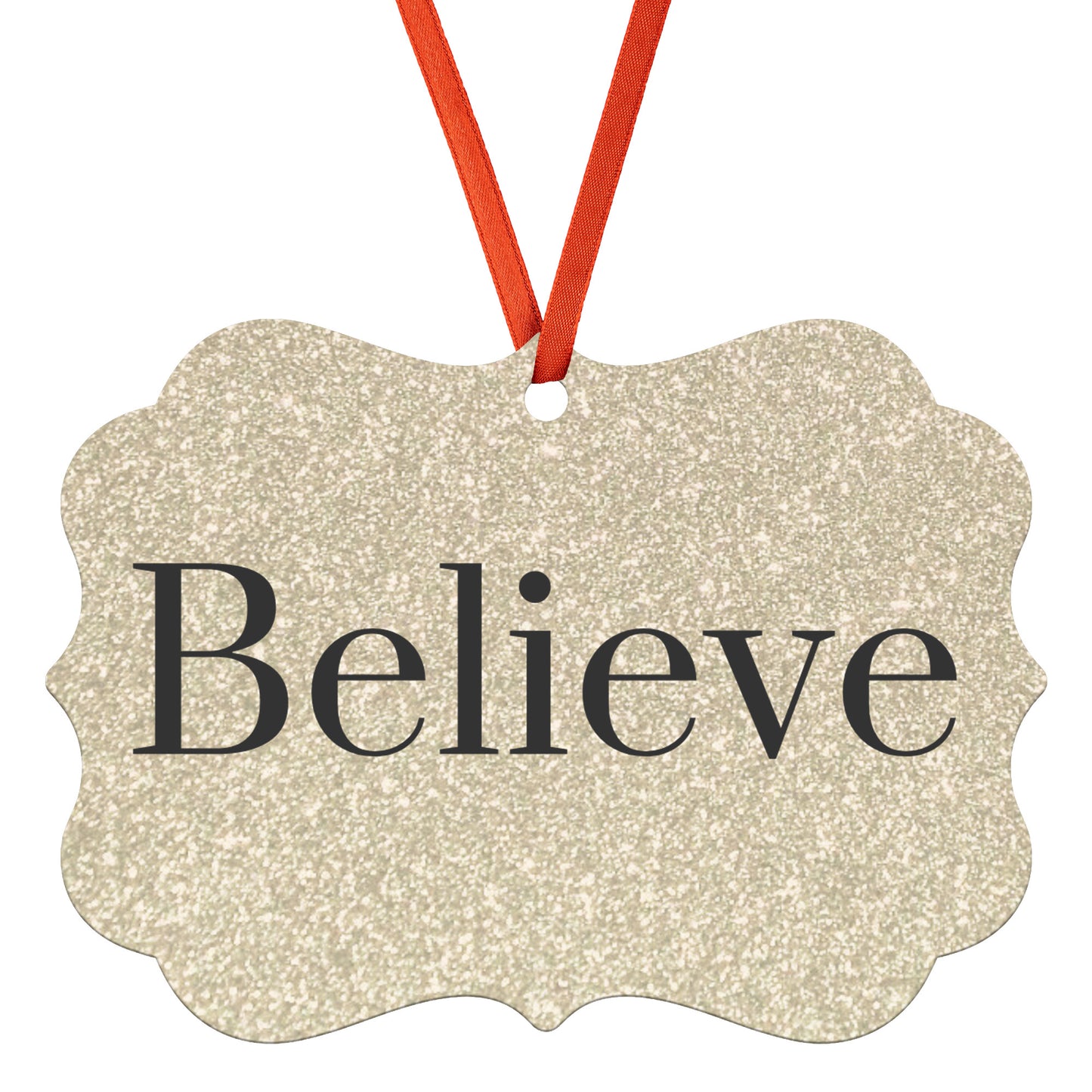 “Believe” Medallion Ornament (Gold Glitter Background)