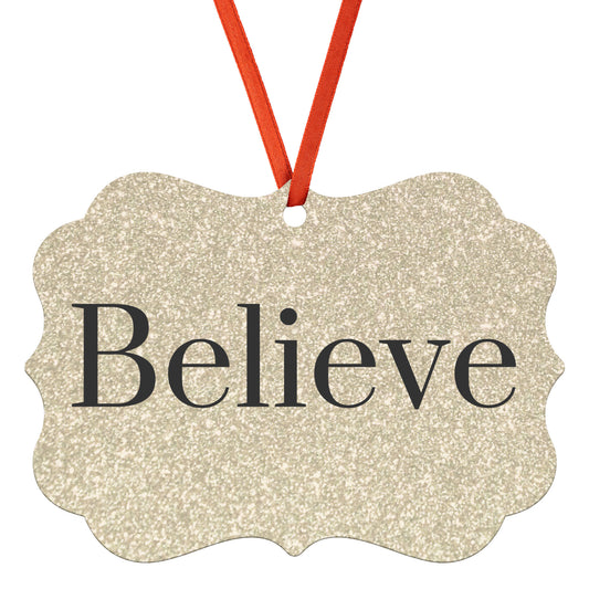 “Believe” Medallion Ornament (Gold Glitter Background)
