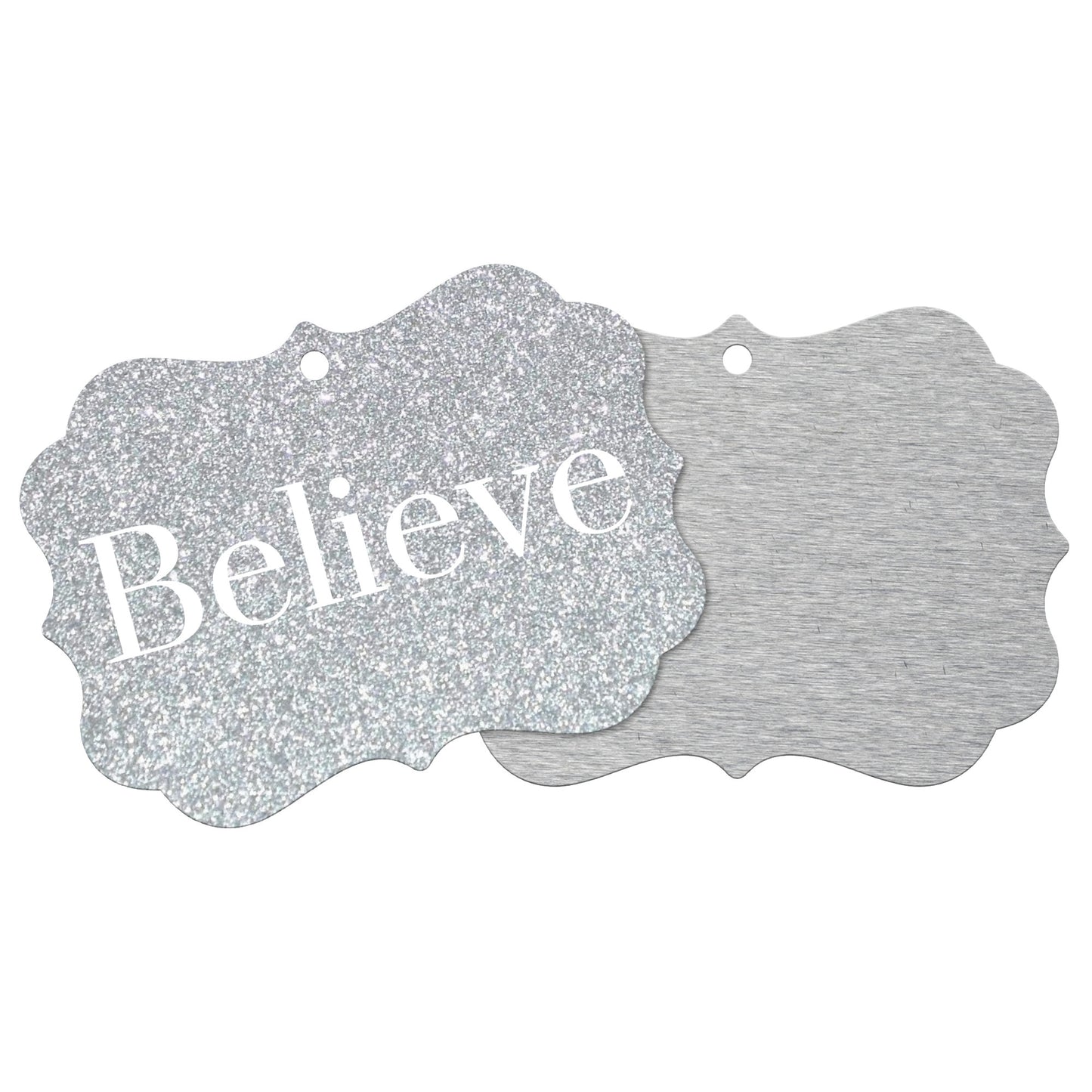 “Believe” Medallion Ornament (Silver Glitter Background)
