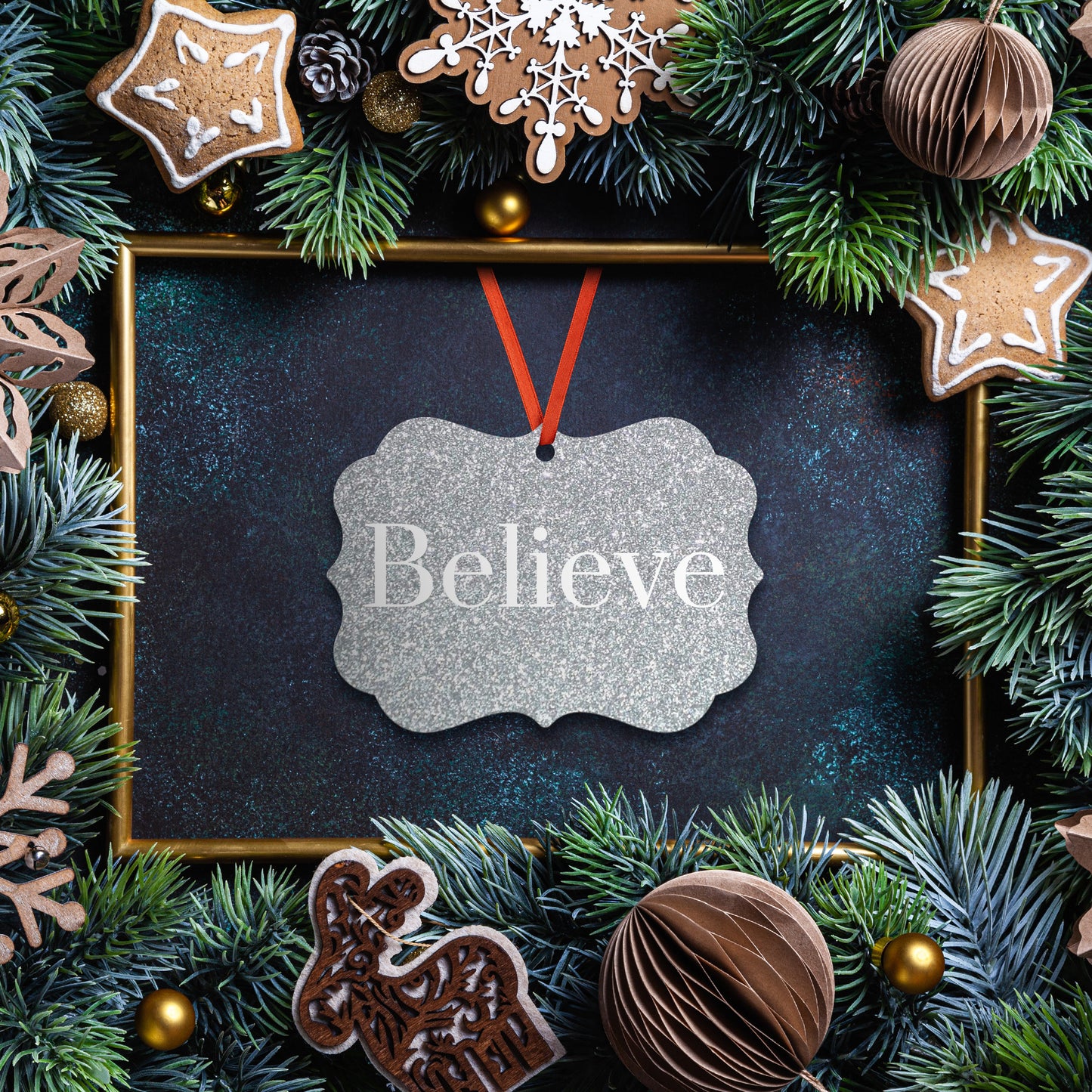 “Believe” Medallion Ornament (Silver Glitter Background)