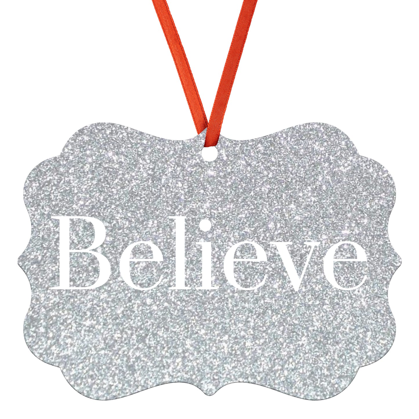 “Believe” Medallion Ornament (Silver Glitter Background)