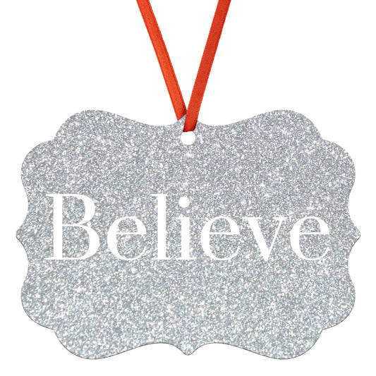 “Believe” Medallion Ornament (Silver Glitter Background)