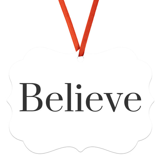 “Believe” Medallion Ornament (White Background w/ Colored Font)