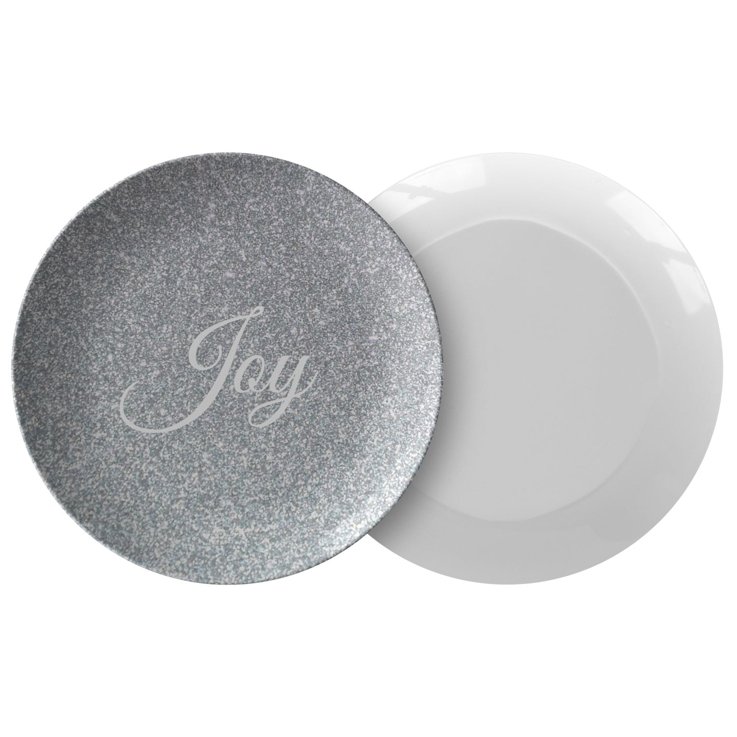 Cursive “Joy” Plate (Silver Glitter Background)