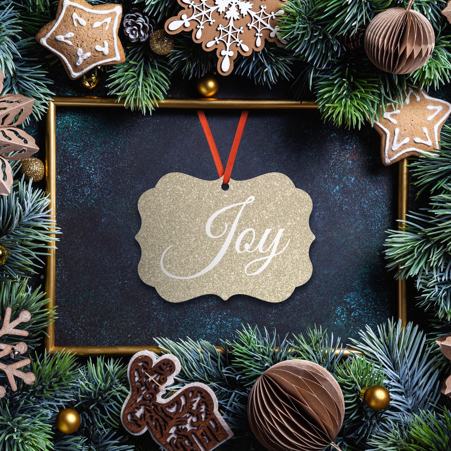 “Joy” Medallion Ornament (Gold Glitter Background)