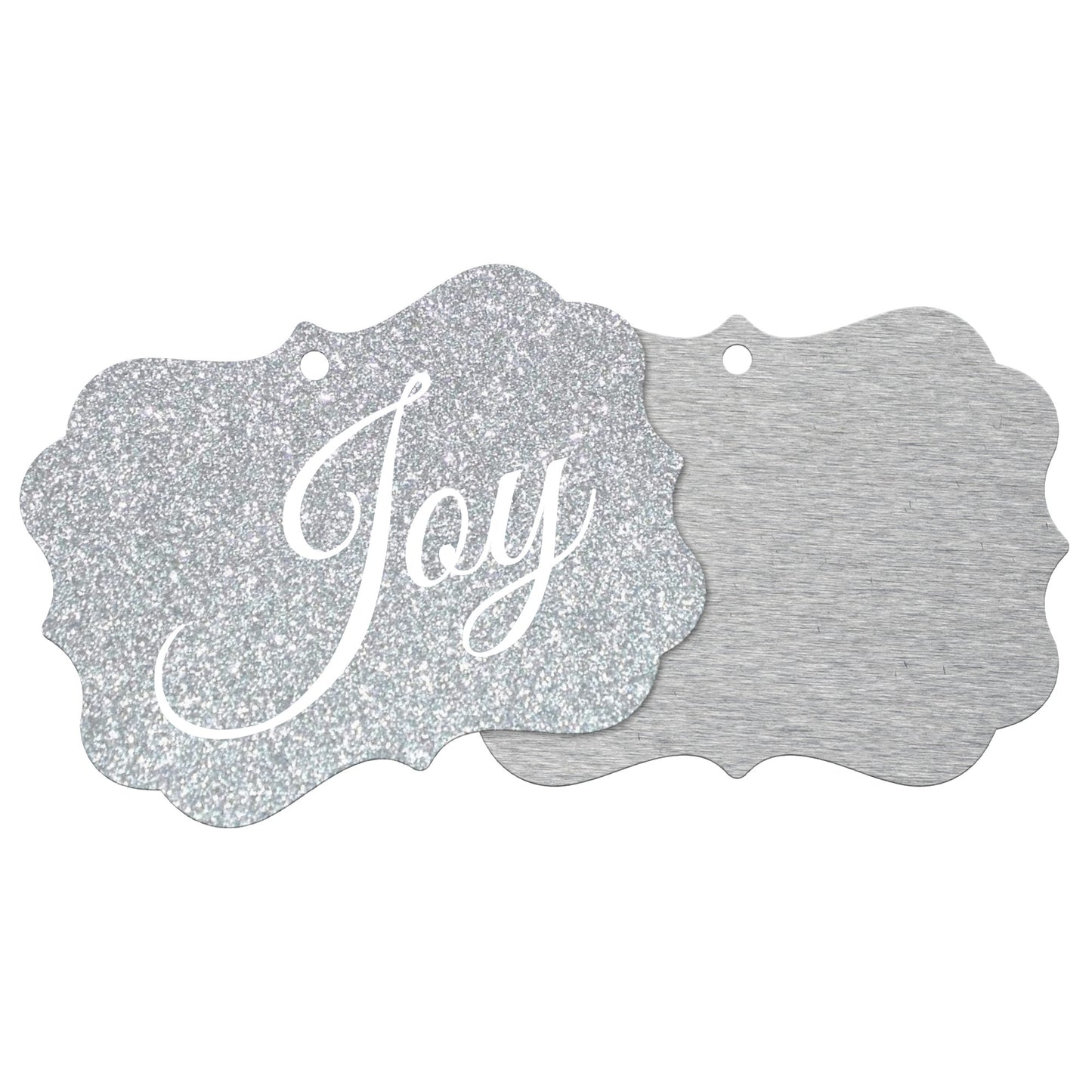 “Joy” Medallion Ornament (Silver Glitter Background)