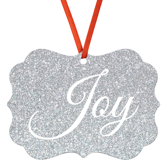 “Joy” Medallion Ornament (Silver Glitter Background)