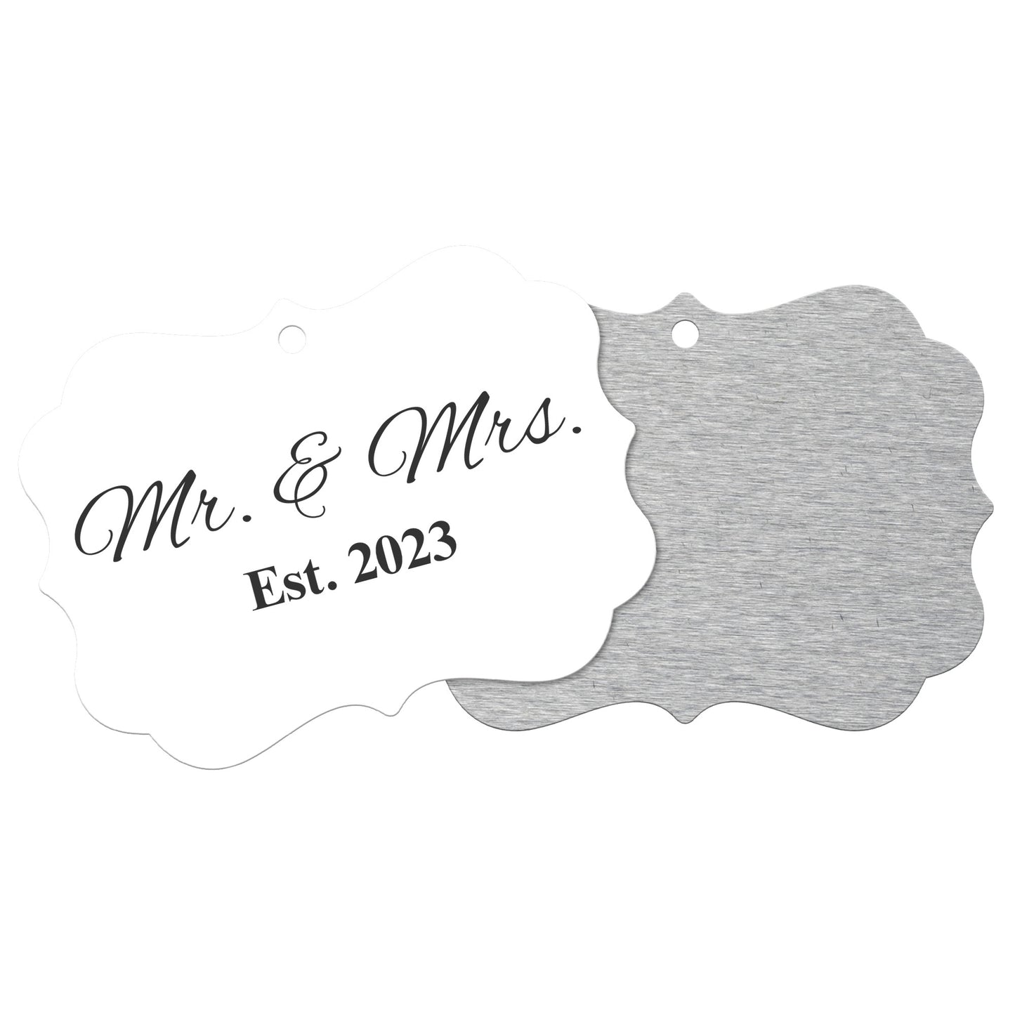 “Spouses Est. 2023” Medallion Ornament (White Background w/ Black Font)