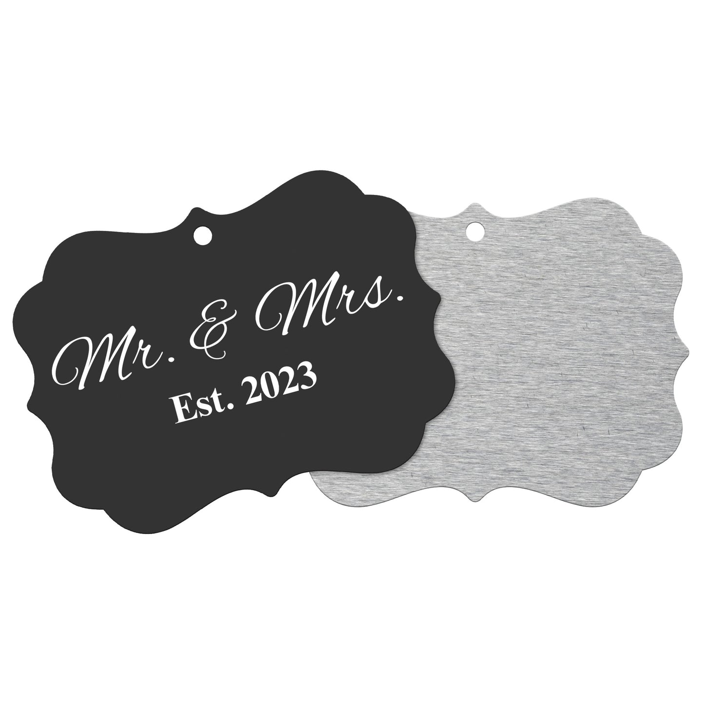“Spouses Est. 2023” Medallion Ornament (Black Background w/ White Font)