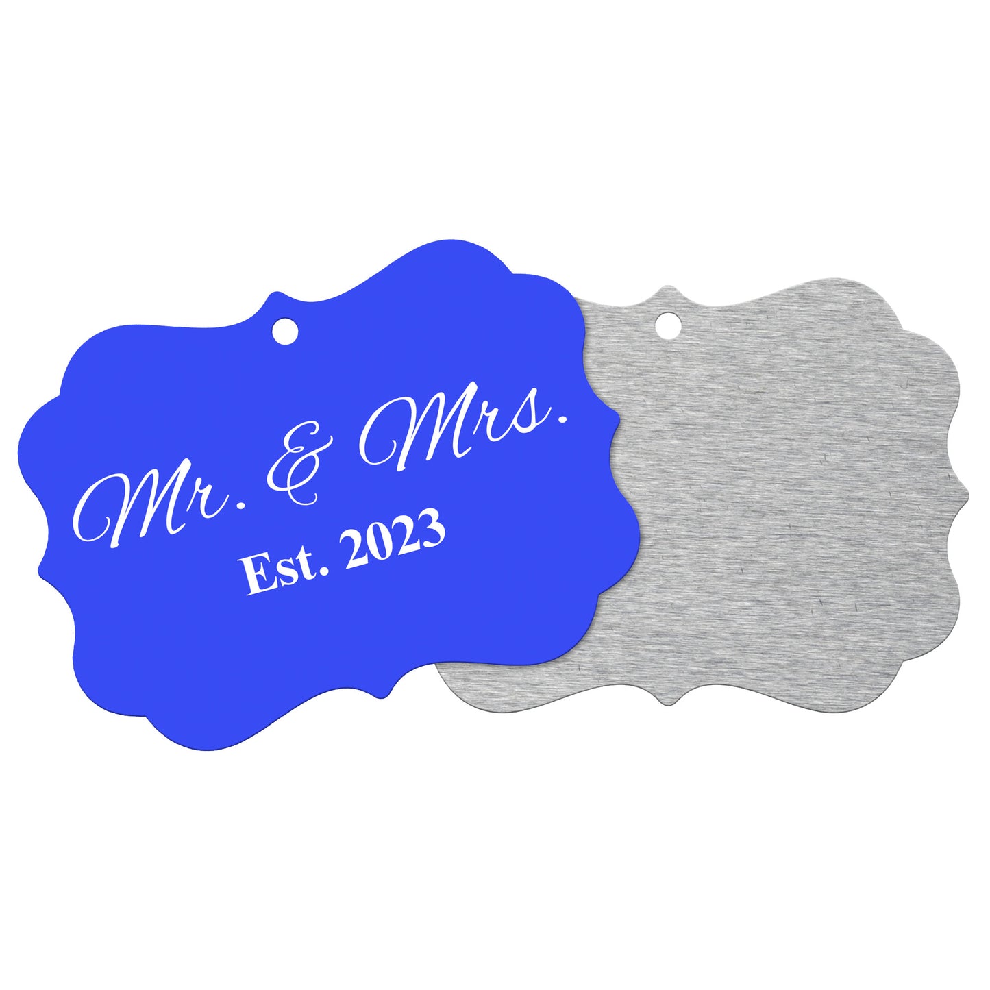 “Spouses Est. 2023” Medallion Ornament (Royal Blue Background w/ White Font)