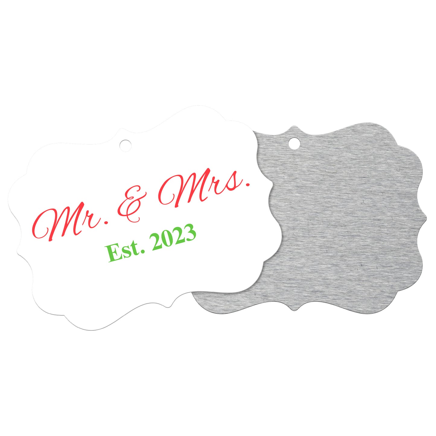 “Spouses Est. 2023” Medallion Ornament (White Background w/ Bright Red & Green Font)