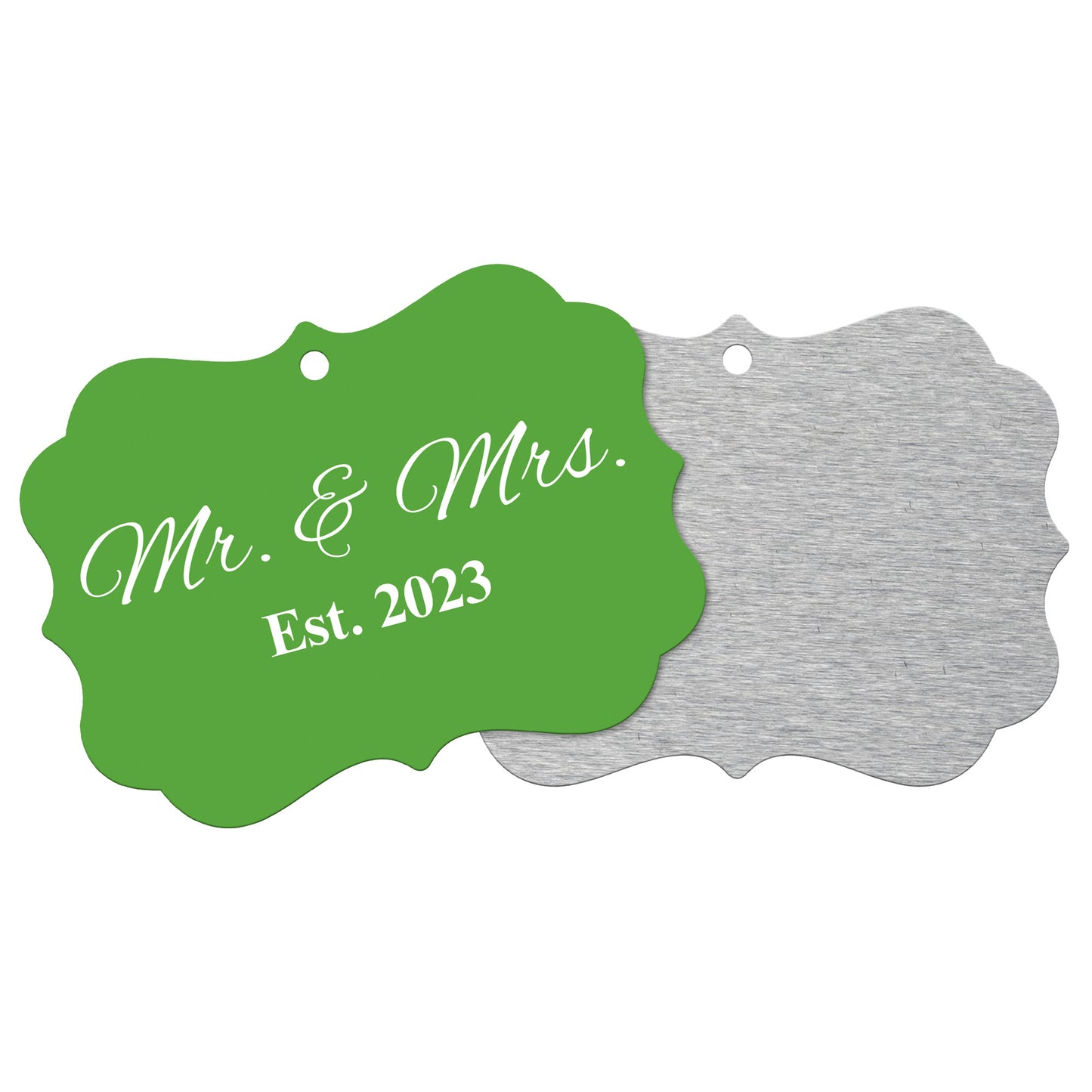 “Spouses Est. 2023” Medallion Ornament (Dark Green Background w/ White Font)