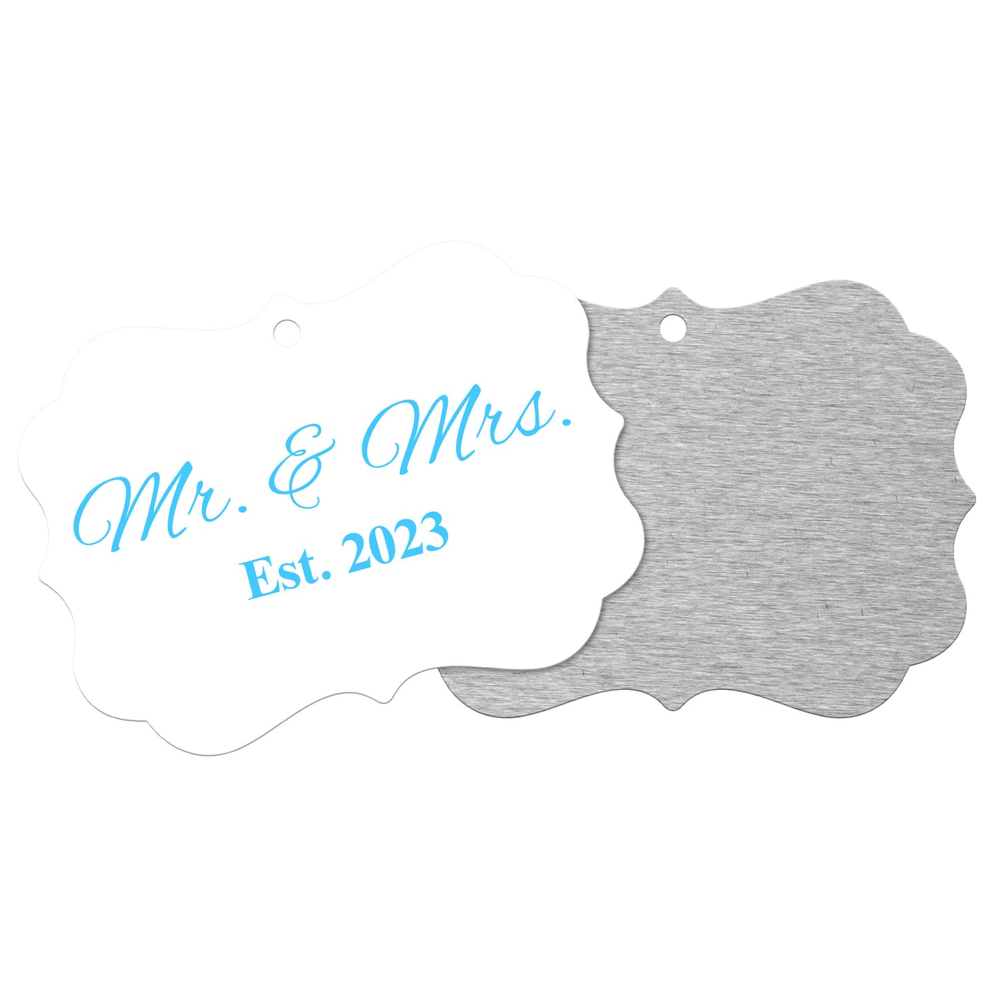 “Spouses Est. 2023” Medallion Ornament (White Background w/ Light Blue Font)