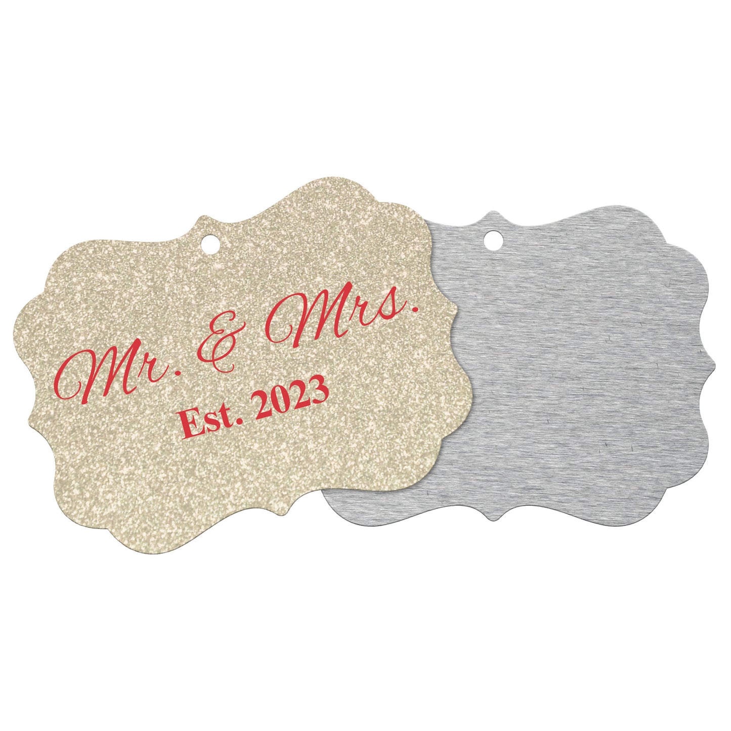 “Spouses Est. 2023” Medallion Ornament (Gold Glitter Background w/ Red Font)