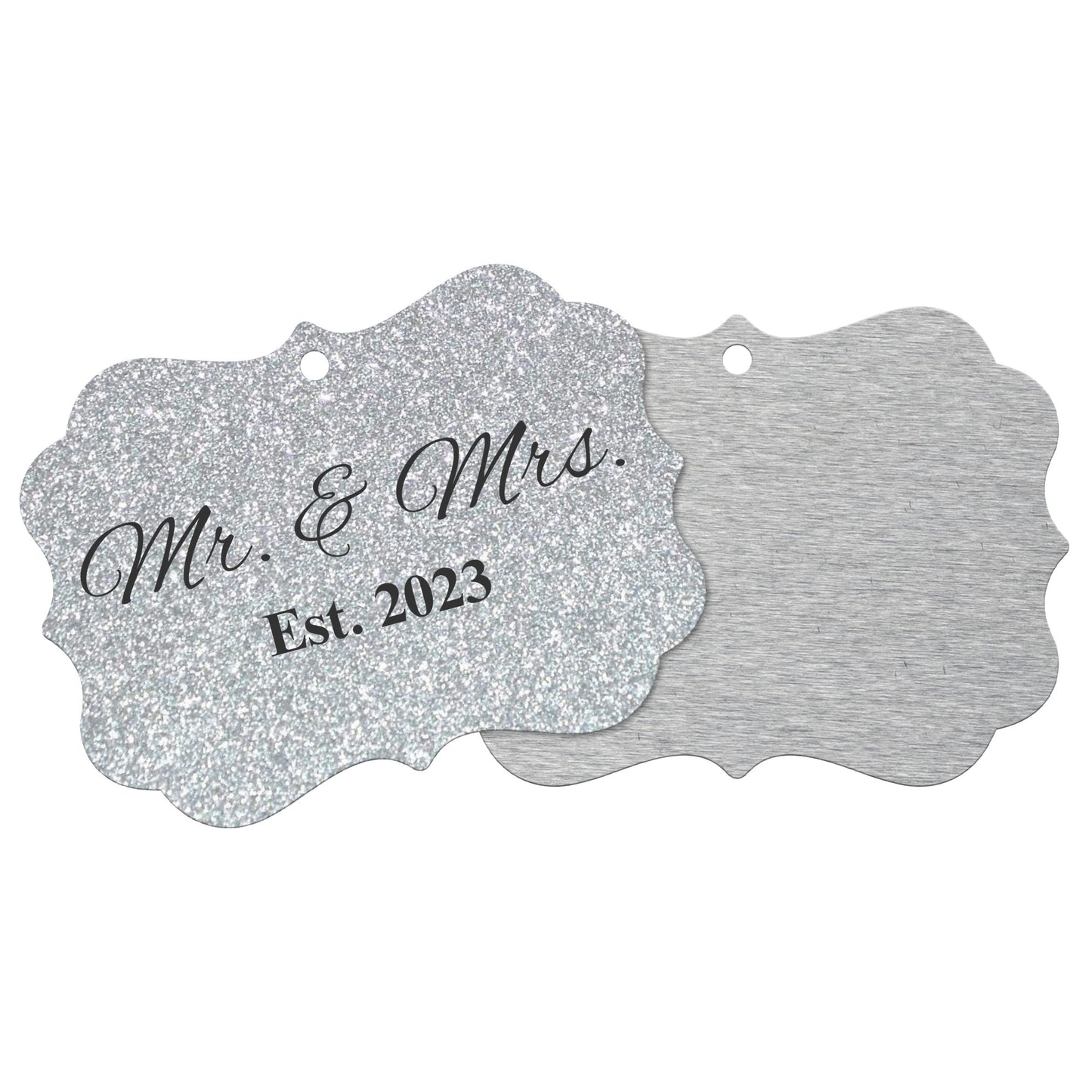 “Spouses Est. 2023” Medallion Ornament (Silver Glitter Background w/ Black Font)