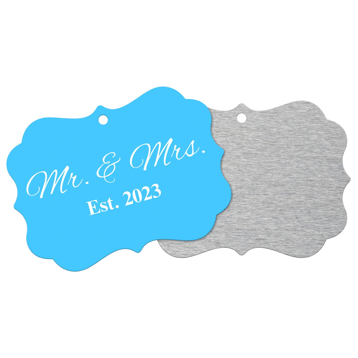 “Spouses Est. 2023” Medallion Ornament (Light Blue Background w/ White Font)