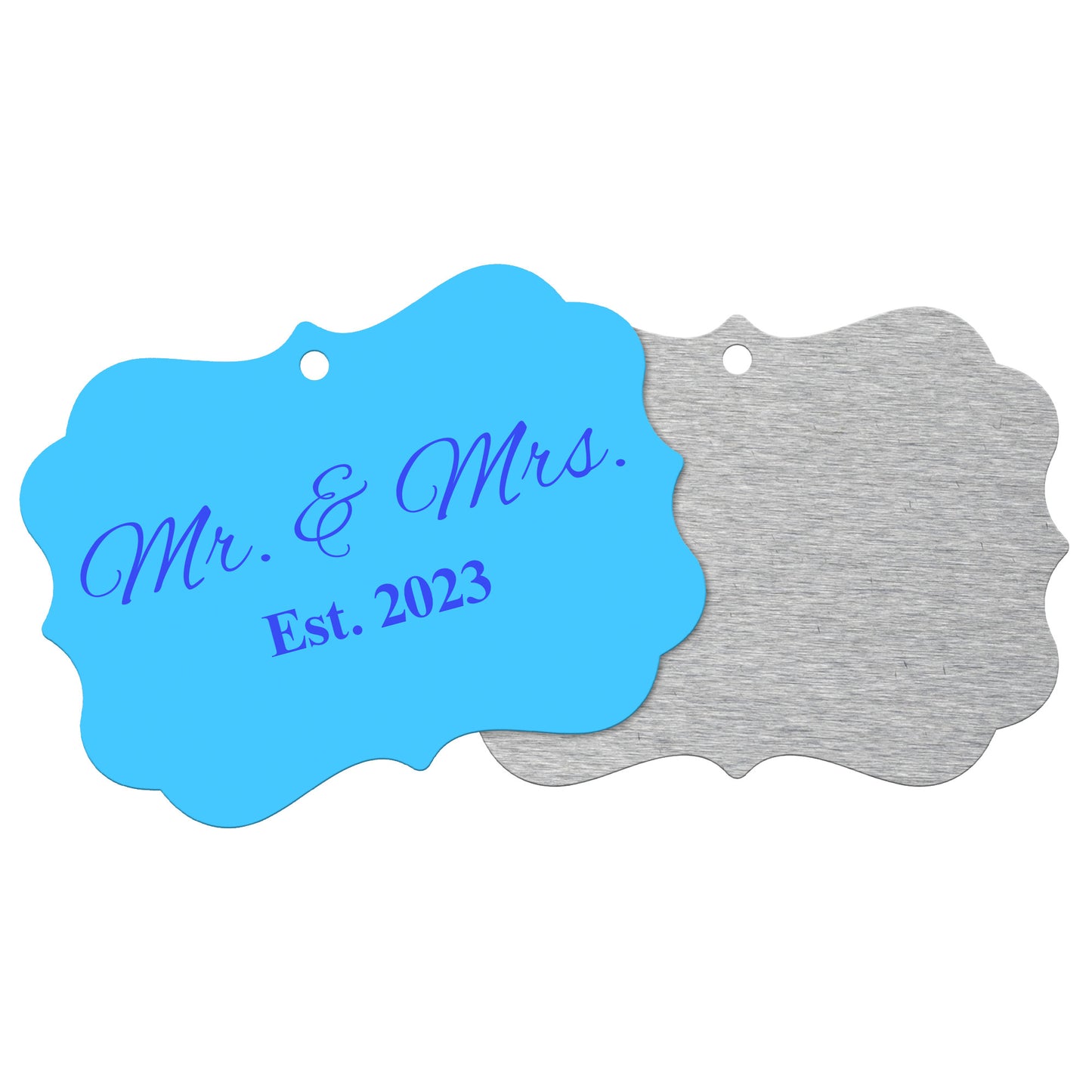 “Spouses Est. 2023” Medallion Ornament (Light Blue Background w/ Royal Blue Font)