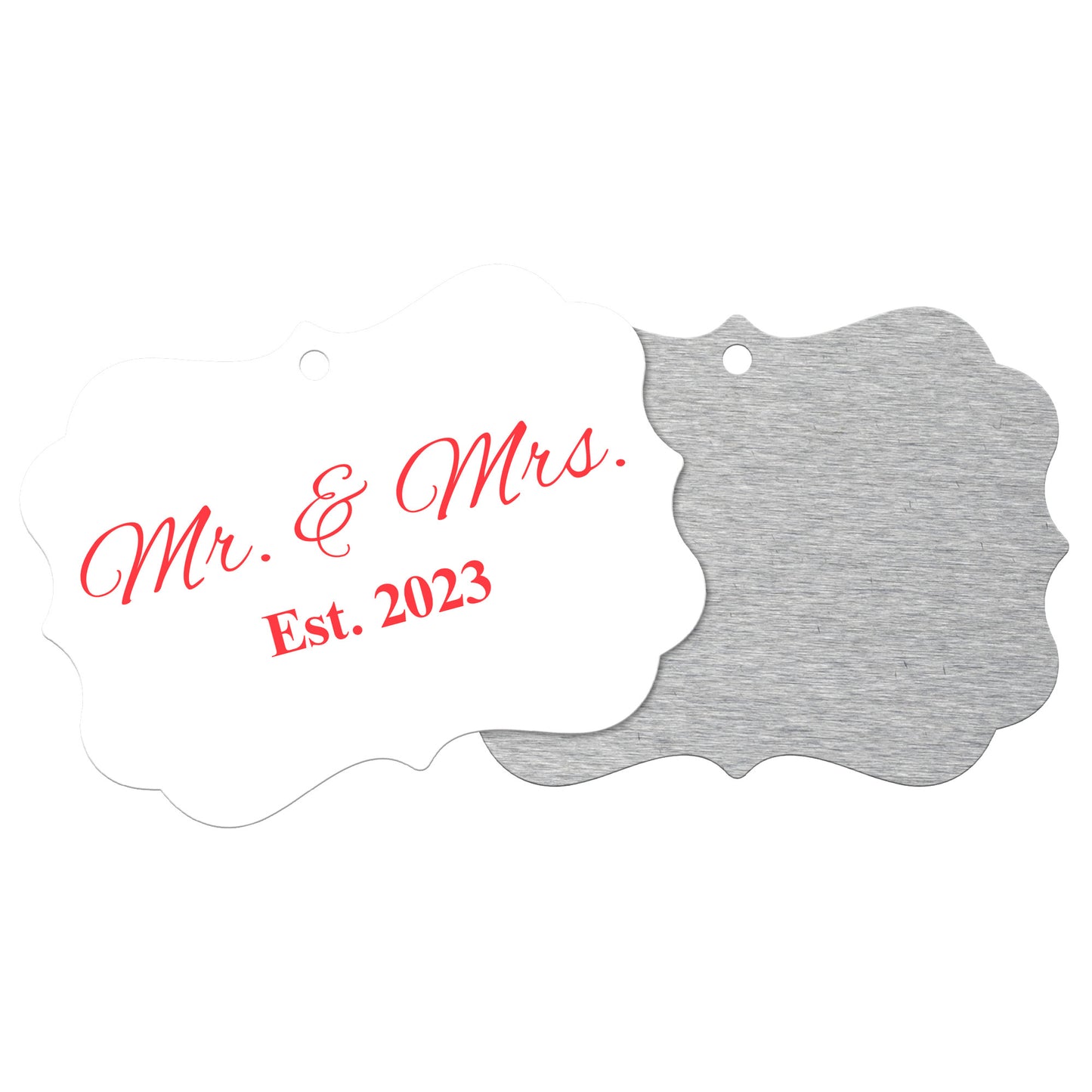 “Spouses Est. 2023” Medallion Ornament (White Background w/ Bright Red Font)