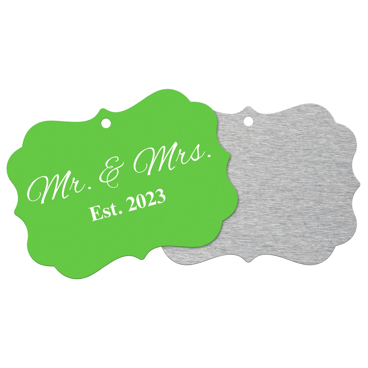 “Spouses Est. 2023” Medallion Ornament (Bright Green Background w/ White Font)
