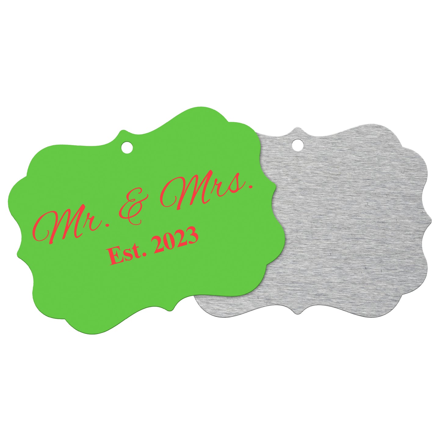 “Spouses Est. 2023” Medallion Ornament (Bright Green Background w/ Red Font)