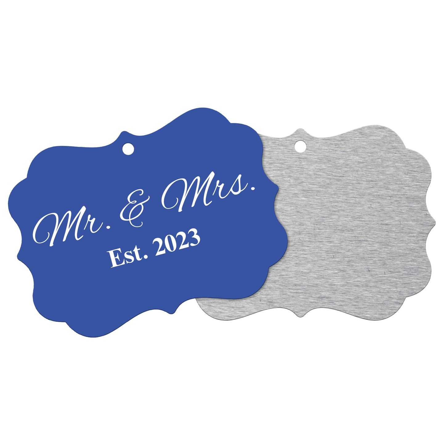 “Spouses Est. 2023” Medallion Ornament (Navy Background w/ White Font)