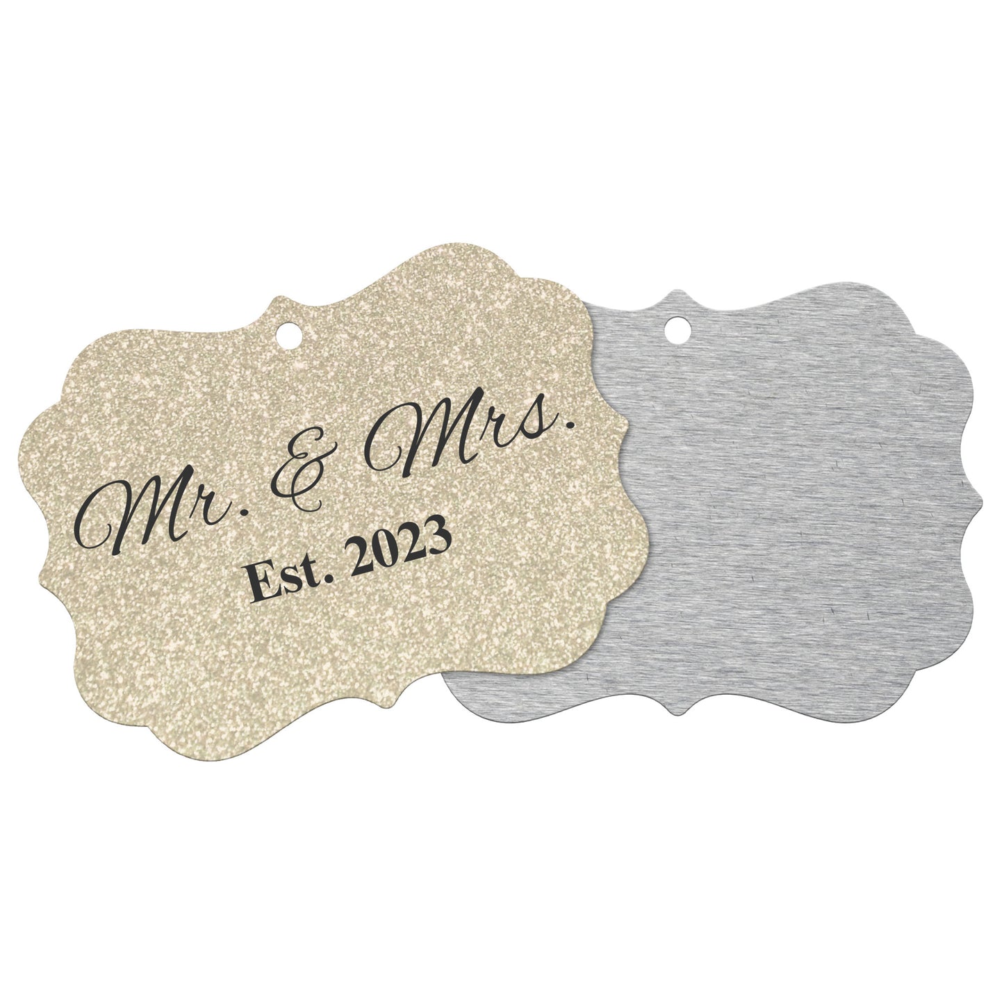 “Spouses Est. 2023” Medallion Ornament (Gold Glitter Background w/ Black Font)